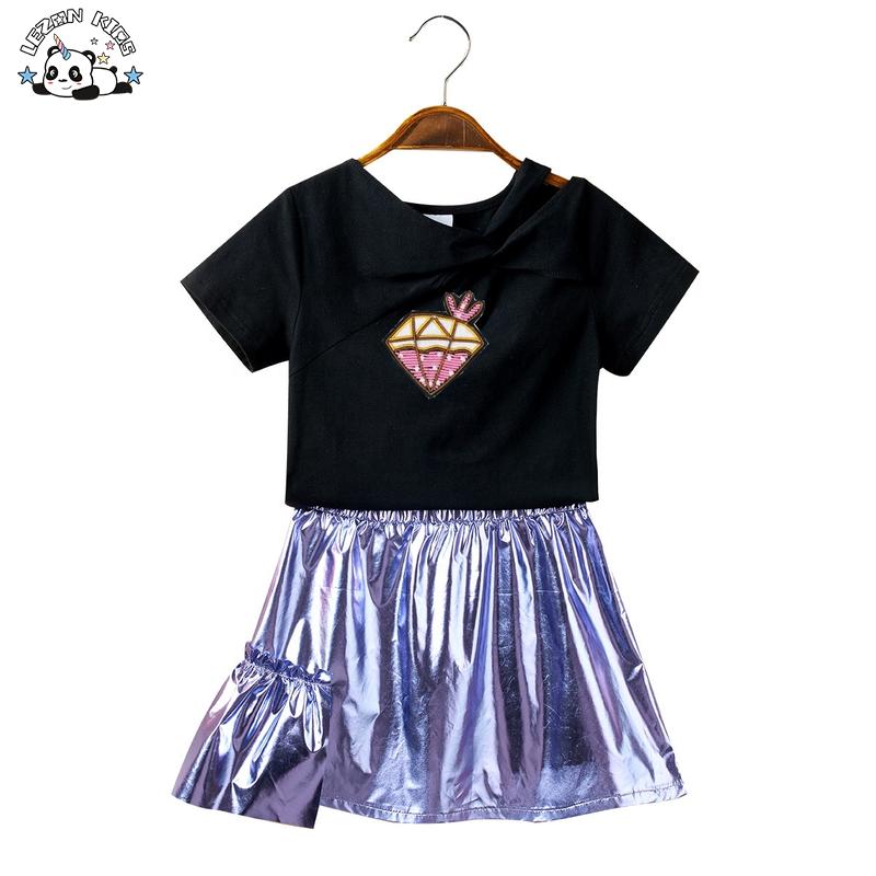 Wholesale Custom T-shirt and Metallic Short Skirt Girls Two-piece Suit for Summer