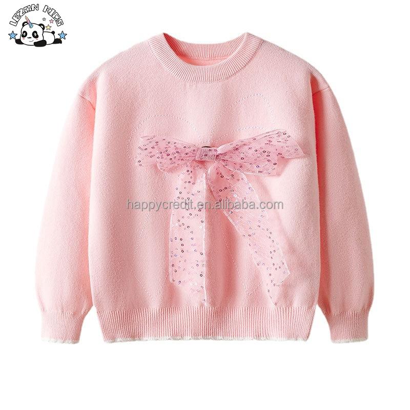 Hot Selling Custom Silk Bow Knot Kids Pullover Sweater Girls Knit Sweater for Winter