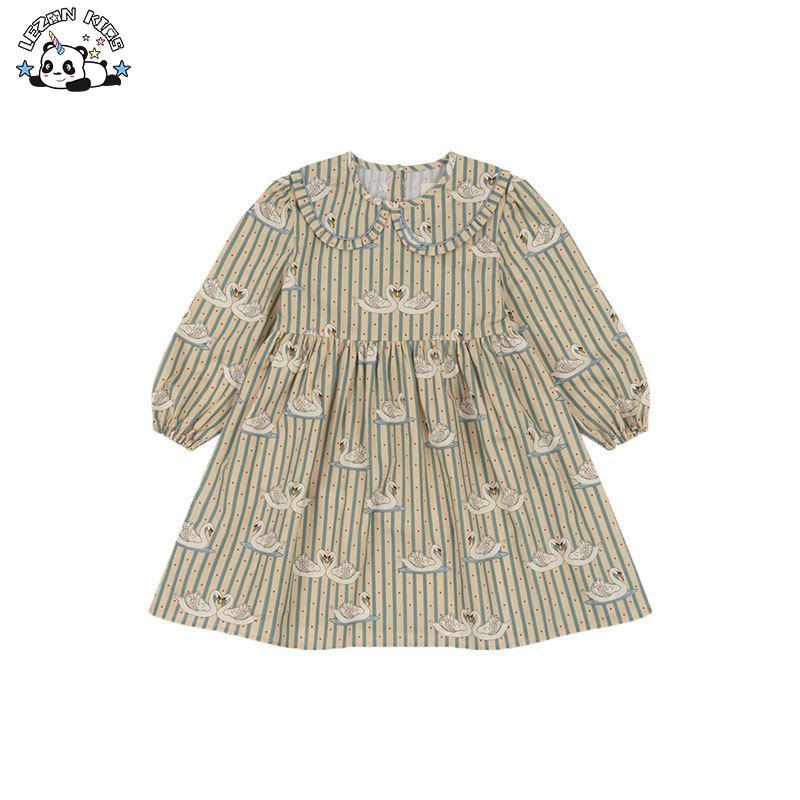 Customizable High Quality Girls Long Sleeves Spring&Autumn Swan Printing Blue Striped Kids Dresses