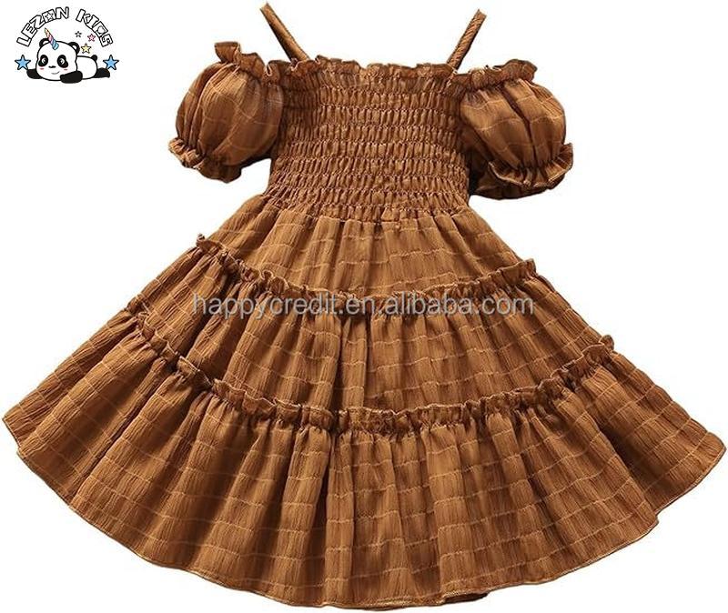 Customizable Hot Sale Cold Shoulder Puff Sleeve Shirred Swing a Line Dress 2-4 years for Girls