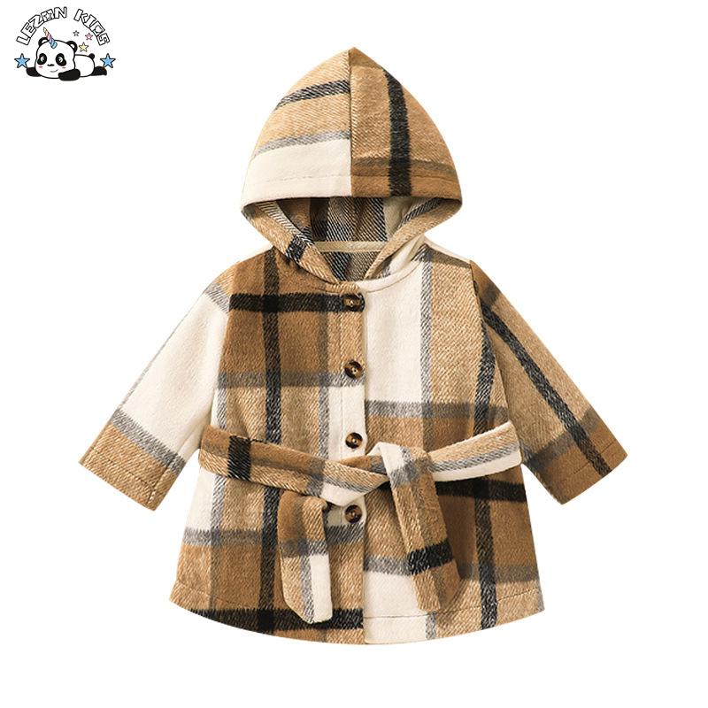 High Street Long Woolen Hoodie Girls Plaid Tweed Coat Jacket