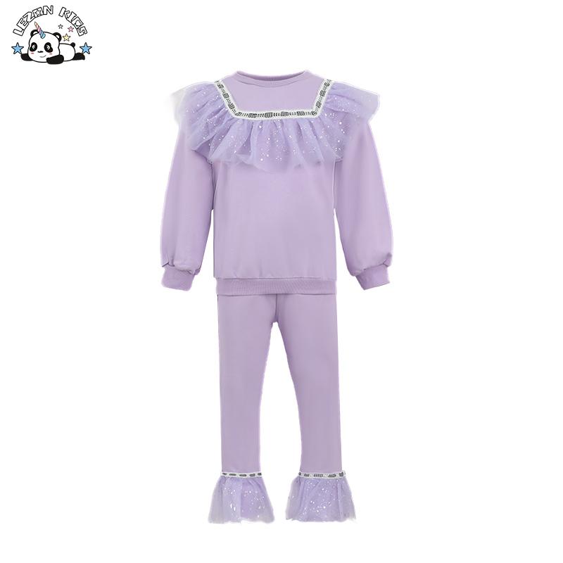 Custom Pearls Tulle Ruffle Sweatshirt Flares 2 Pieces Sets of Kids Girl Cute Toddler Girls Clothing Sets