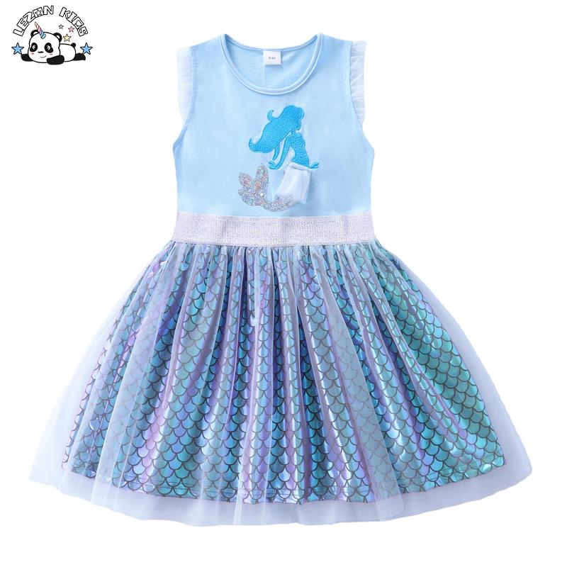 Girls Mermaid Printed Mesh Fish Scale Fabric Cotton Summer Dress