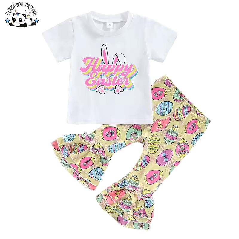 New Girls Sweet Short-Sleeved Letter T-shirt Egg Print Flared Pants 2 Piece Set Kids Easter Clothing