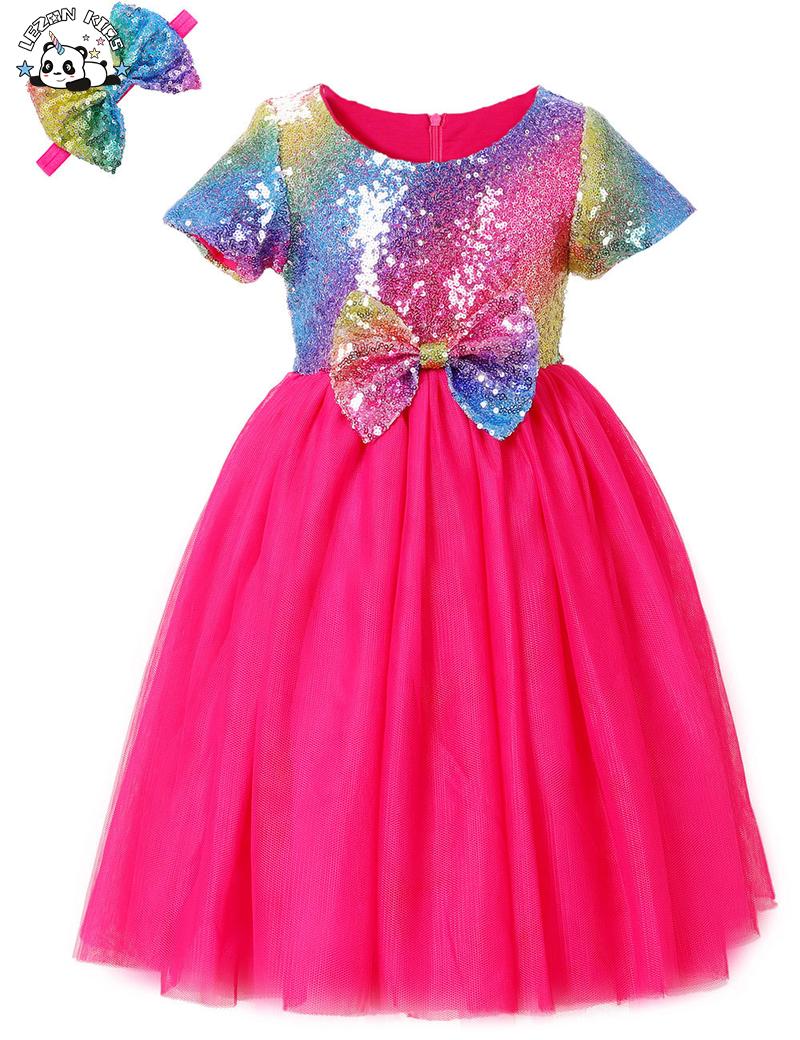 Girls’ Sequins Gauze Dress New Style Children’s Short Sleeved Flower Children’s Dress Princess Bowknot Peng Peng Dress