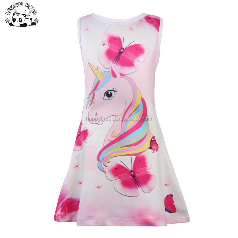 OEM Customizable New Arrival Sleeveless Cartoon Unicorn Printed Cotton Girls Kids Dress for Summer