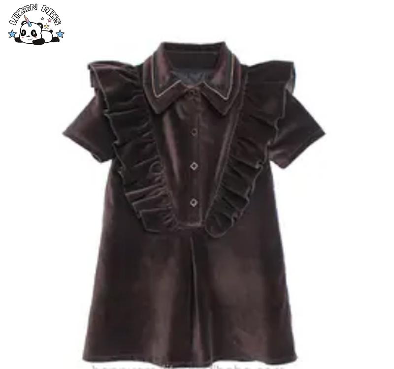 Custom A-line Princess Ruffle Short Sleeves Brown Silk Velvet Dress Shirt for Girls