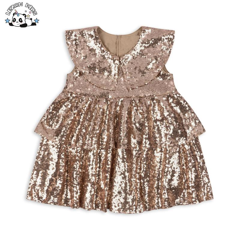 OEM ODM Customizable Girls Summer Ruffle Sleeveless Gold Color Sequins Kids Wedding Party Dress