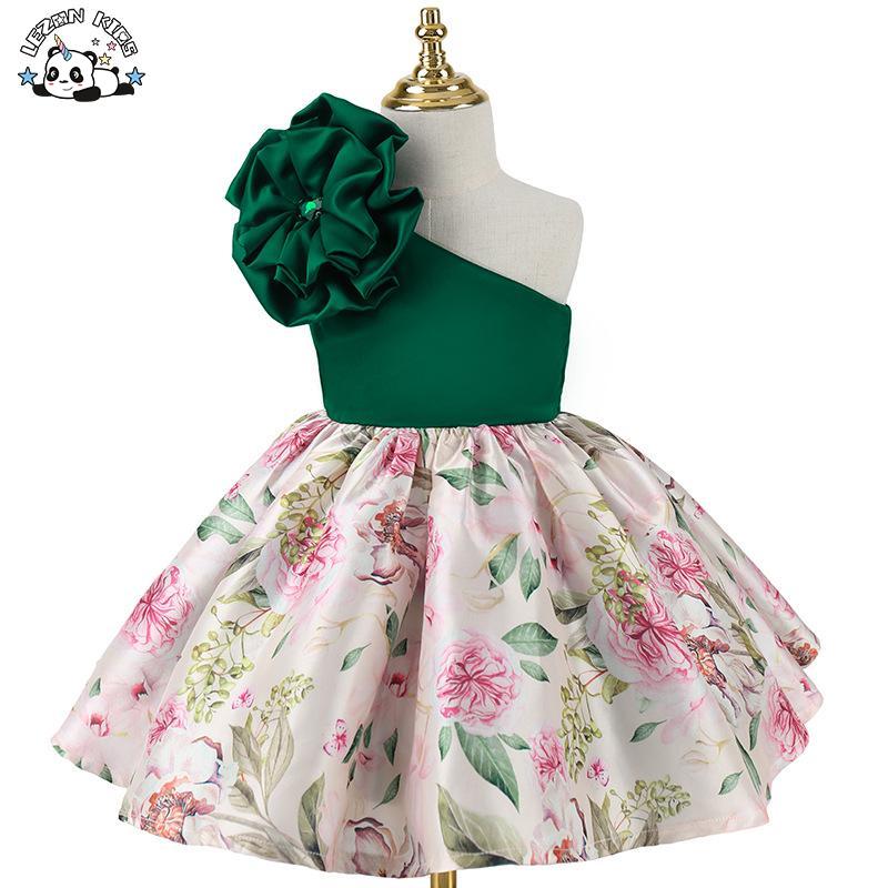 Customizable Girl Princess Skirt Oblique Shoulder Three-Dimensional Flower Design Children Dress