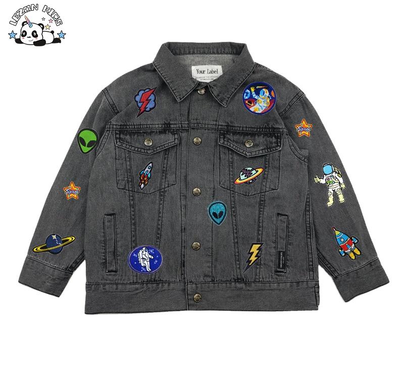 Custom Acid Washed Distressed Dinosaur Tiger Spaceship Astronaut Alien Patchwork Denim Jacket for Kids