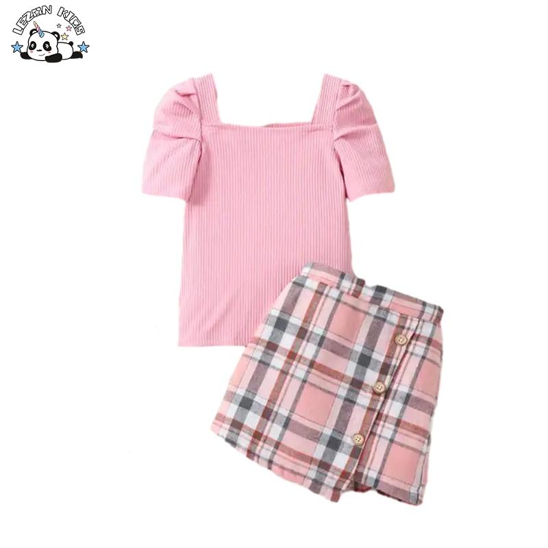 Factory Summer Teen Beautiful Fashion Kids Clothing Plaid Newborn Baby Clothes Sets for Girls