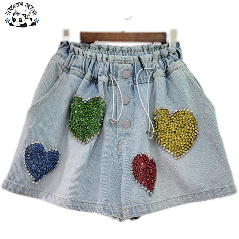 Customizable New Exquisite Heart Crystal Beaded High Waist Kids Denim Shorts for Girls in Summer