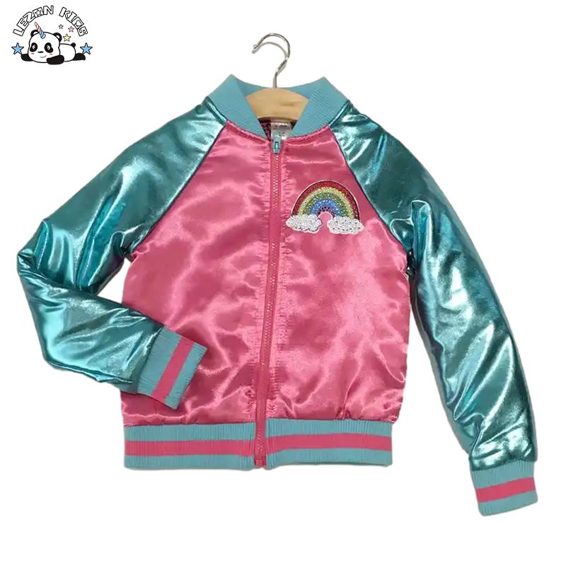 Metallic Faux Leather Blue Sleeves Hot Pink Satin Bomber Coats Girls Puff Jackets with Crystal Rainbow Sequin Tiger Patch