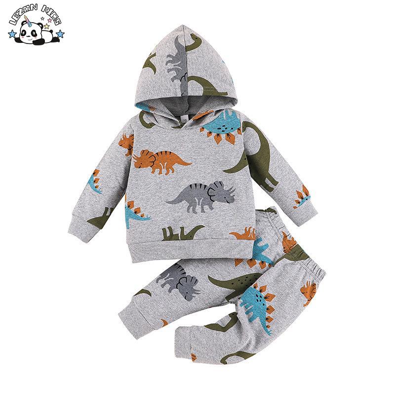 Customizable Dinosaur Cartoon Printed Long Sleeve Pullover Hoodies Two Pieces Baby Boy Clothing Set