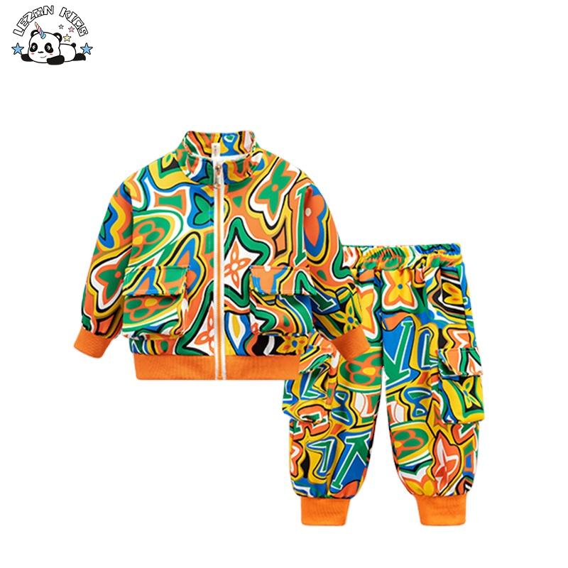 Custom Children Clothes Boys Graffiti Printed Zipper Clothing Set Sweatshirt and Pants Long Sleeve Baby Two Pieces Set