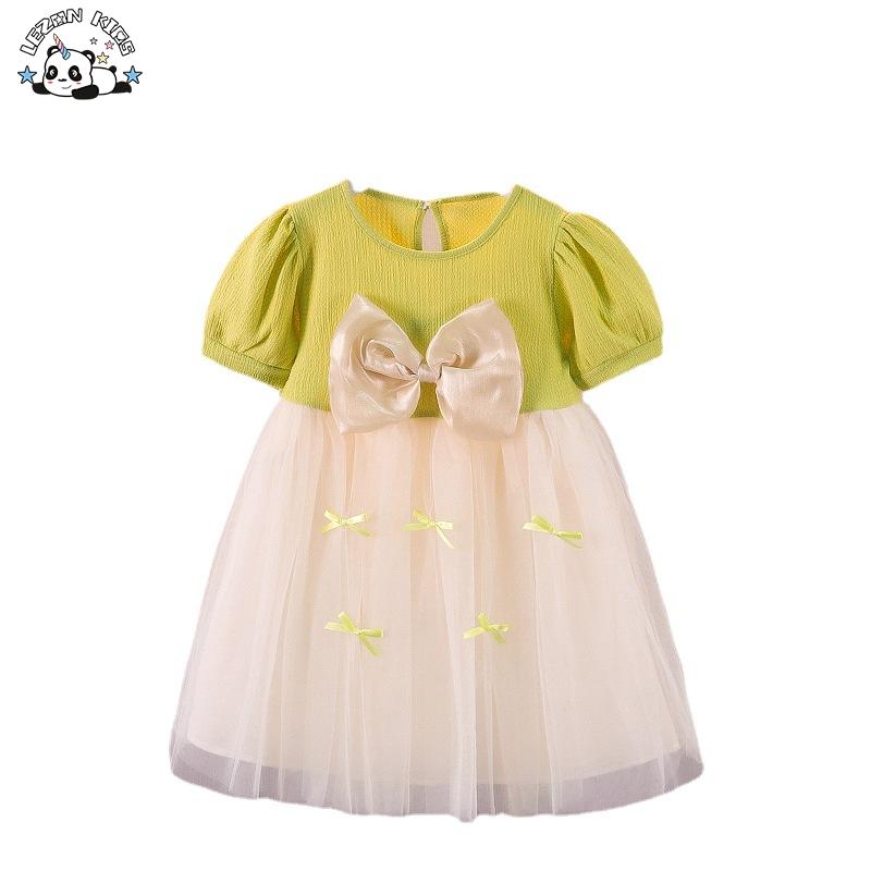 Custom Bow Waistband Puff Sleeve Breathable Summer Tulle Boutique Dress