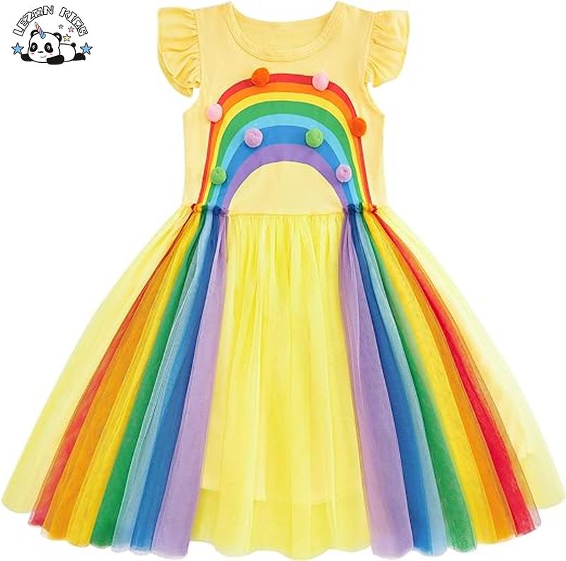 OEM Customizable Tulle Lace Dress Colorful Small Balls Short Sleeve Layered Ruffles Kids Girls Dresses for 2-14Y Children