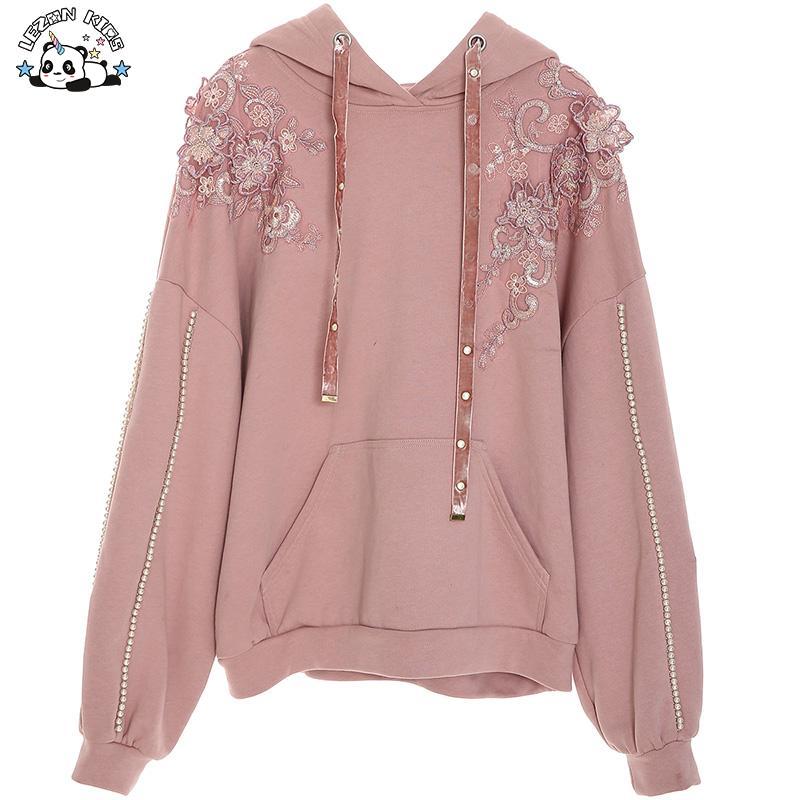 Customizable Bating Sleeve Hooded Sweatshirt Girls Embroidered Sequins Pattern Hoodies for Kids