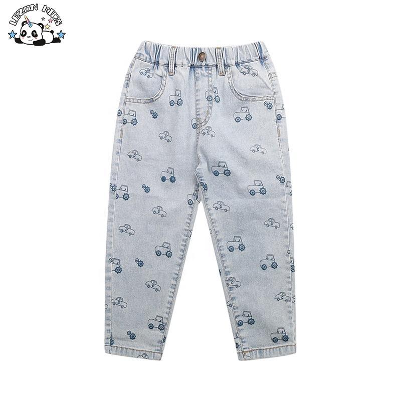 Customizable Elastic Waist & Feet Openning Denim Trousers Cartoon Full Printed Boys Jeans Pants for Children