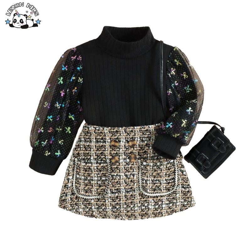 Customizable Long Mesh Sleeve Foil Bow Knit Top Wear Suit and Plaid Skirt 2 Pcs Tweed Girls Clothing Set