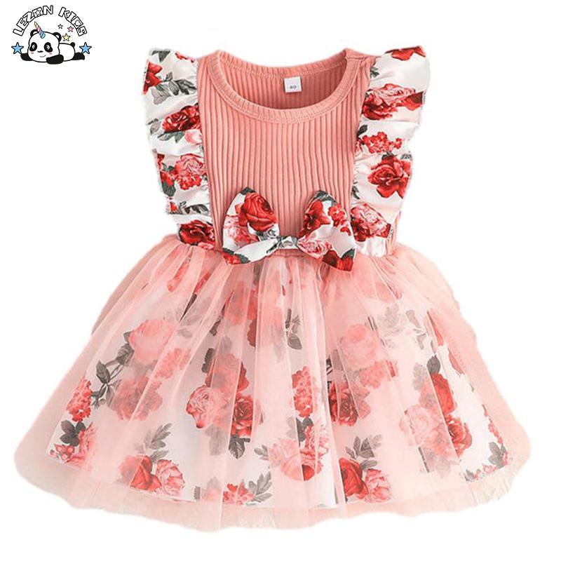 Customizable New Arrival Sweet Bow Waistband Summer Kids Floral Tulle Dresses