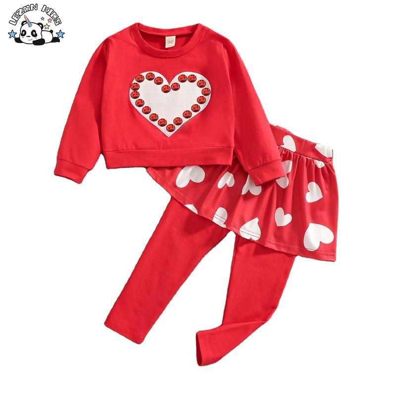 Customizable Children’s Cotton Long-Sleeve Heart-Shaped Set with Beads Girls Clothing Sets for Valentine’s Day