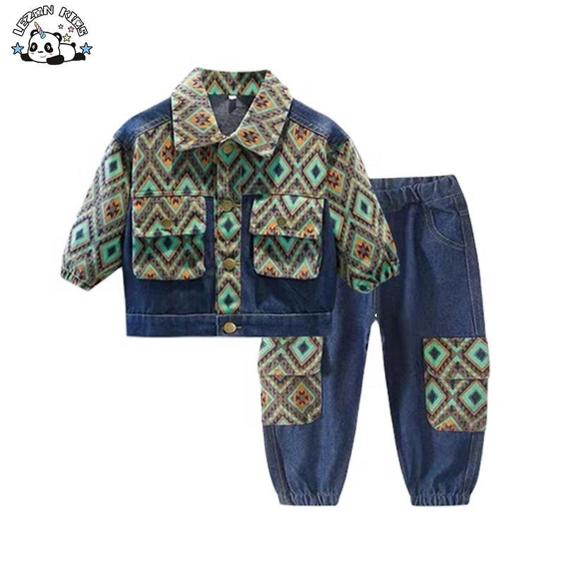 Boys’ Autumn Suit New Fashionable Kids’ Two Pieces Clothing Casual Baby Checked Denim Pant Set