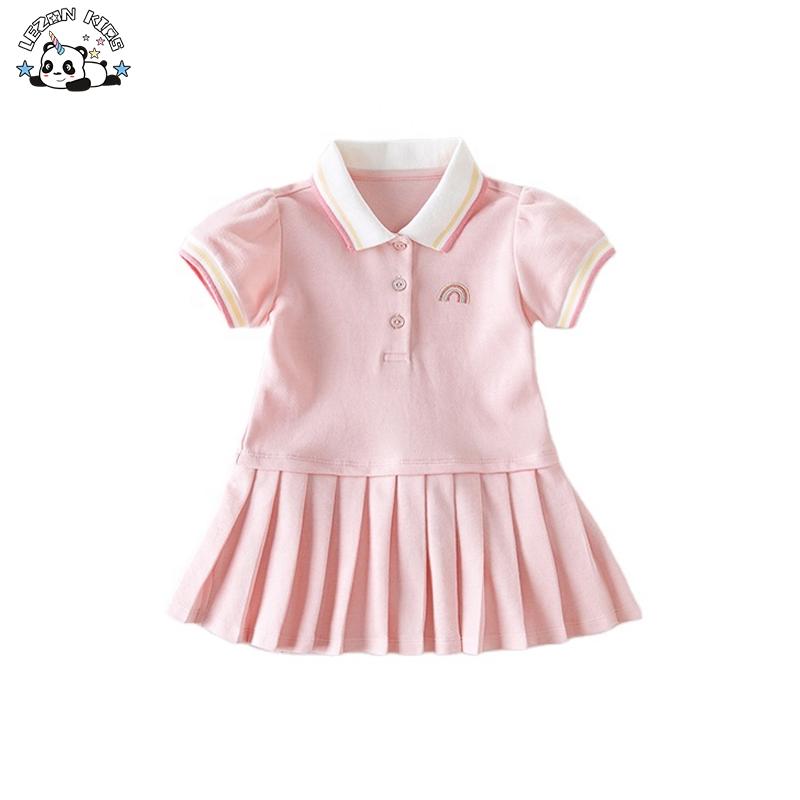 Wholesale Summer Short Sleeve Girls’ Dress Pleated Skirt Solid Color Cotton Toddler Baby Polo Dress