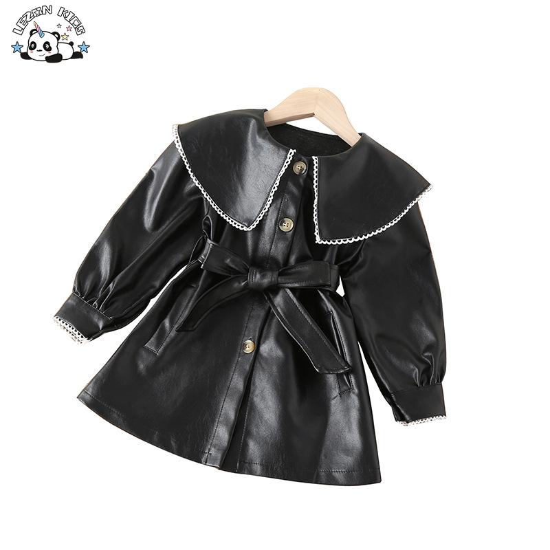 New Girls’ Autumn Winter Fashion Medium Long PU Leather Skirt Children’s Lapel Black Leather Dress
