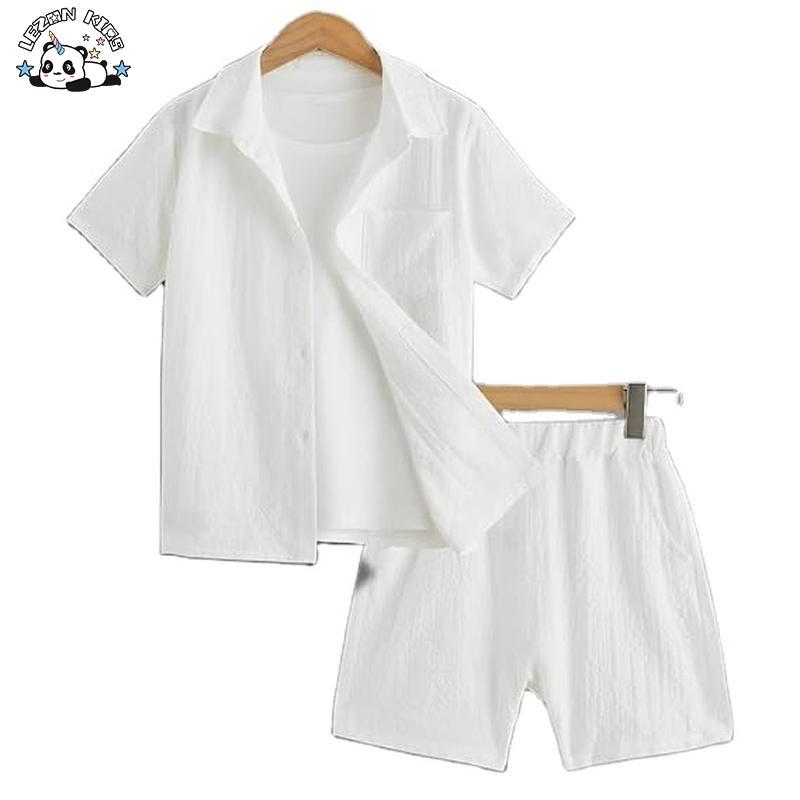 Customizable Hot Sale 2 Piece Outfit Button Down Shirt and Elastic Waist Boys Short Sets