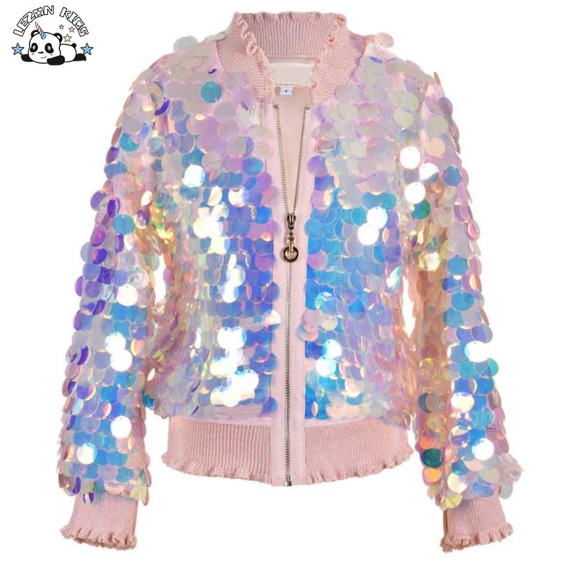 Wholesale Customizable Mermaid Ruffle Trim Pink Sequin Bomber Girls Jacket