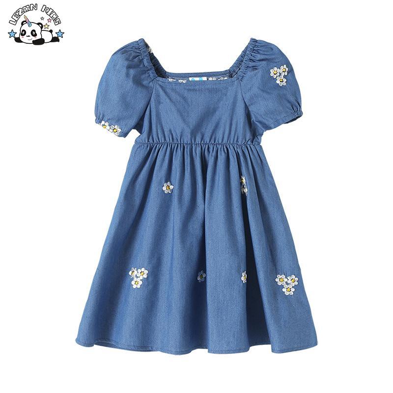 Customizable Summer New Embroidery Bubble Sleeve Flowers Children’s Denim Dress Little Girls Dress