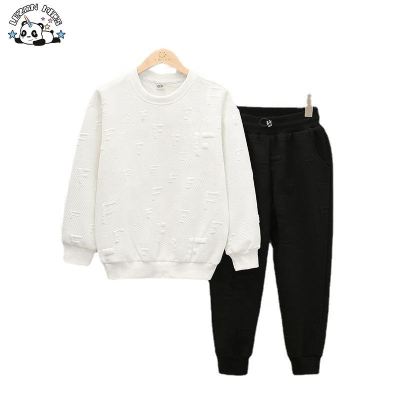 Customizable Trendy Jacquard Letter Pullover Top Elastic Waistband Trousers Two-piece Set Boys Sweatsuit