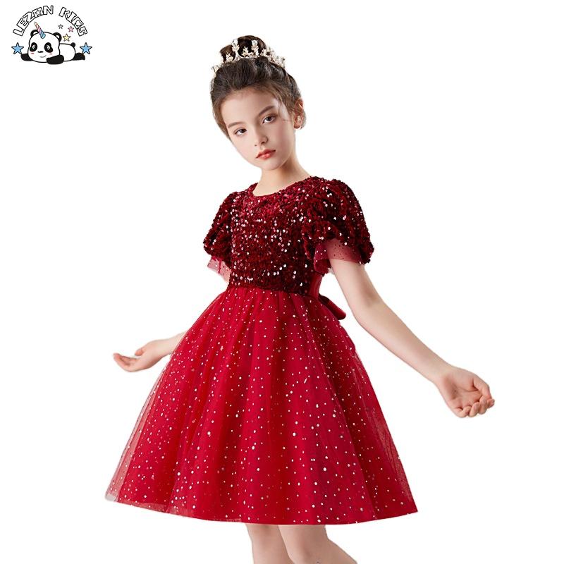 Girls’ Short Sleeved Dress Evening Dress Sequin Gauze Poncho Skirt Short Sweet Princess Skirt