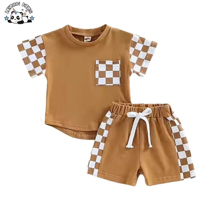 Customizable Summer Checkerboard Plaid Short Sleeve T-Shirt Elastic Waist Shorts Boys Set