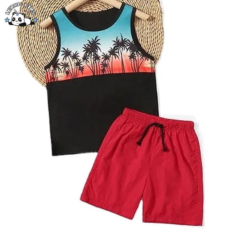 Customizable Palm Tree Print Sleeveless Tank Tops and Drawstring Shorts Boys Clothing Set