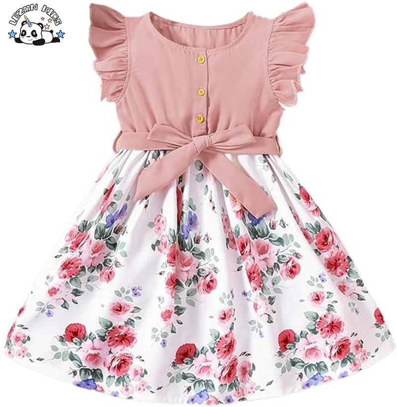 Customizable Summer Ruffle Sleeve V Neck Tunic Loose Casual Flower Swing Dress