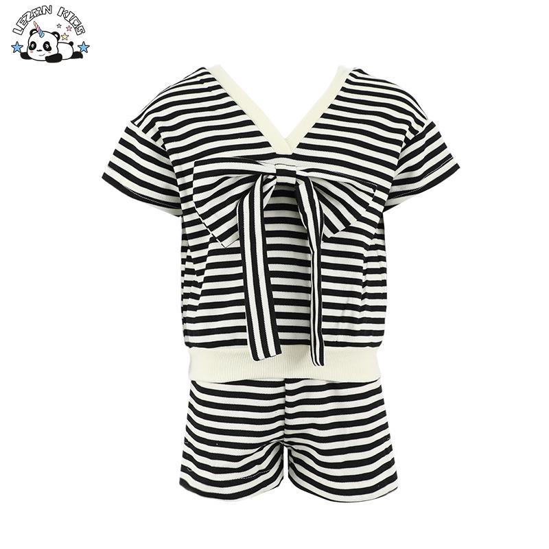 Toddler Girls Clothing Sets V-neck Bow Shirt Short Stripe Girls Set Factory Wholesale Low MOQ Kids Clothing Set Customized