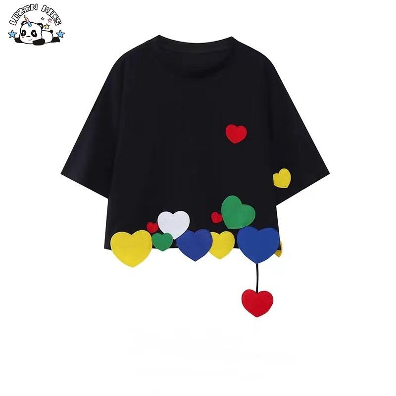 Customizable Design Short Sleeve Customized Colorful Heart Cute Patches Children’s T-shirt Girls