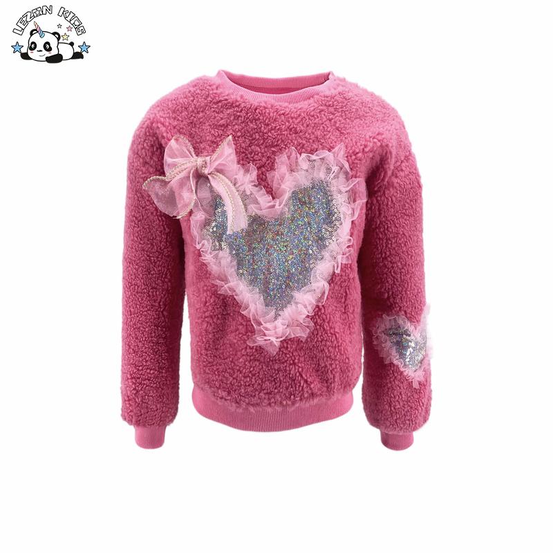 New Design Custom Love Patches Children’s Red Kids Girls Sequined Warm Sweater for Winter