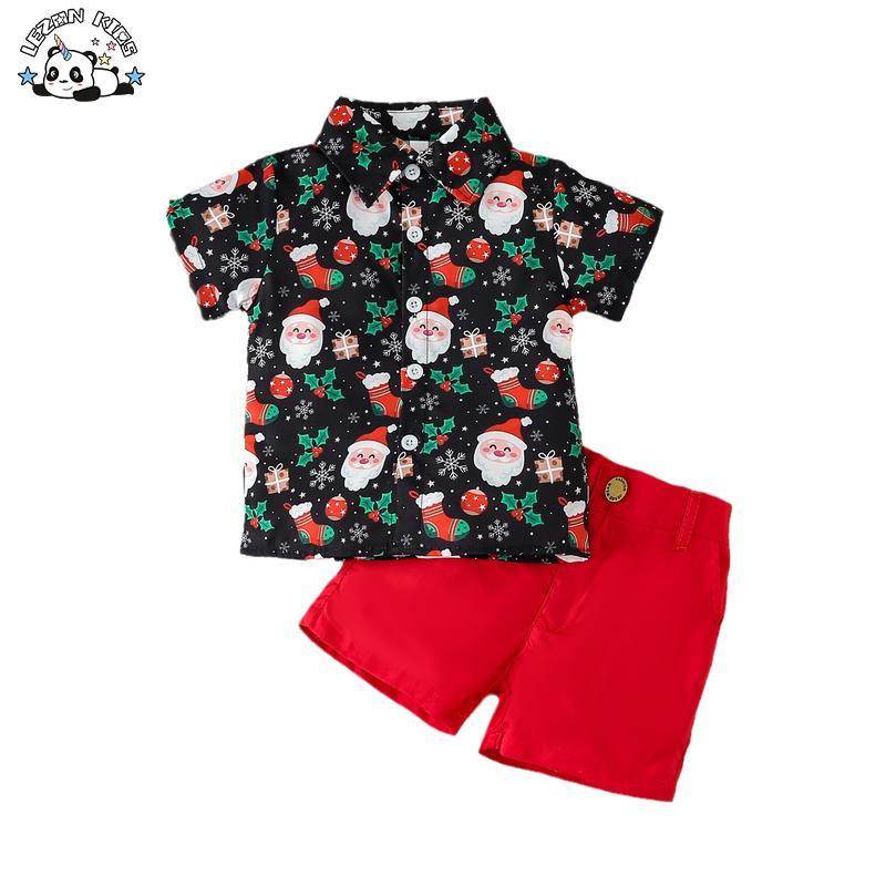 Customizable OEM Kids New Short Sleeved Printed Christmas Shirt Shorts Set for Boys 2-14 Years