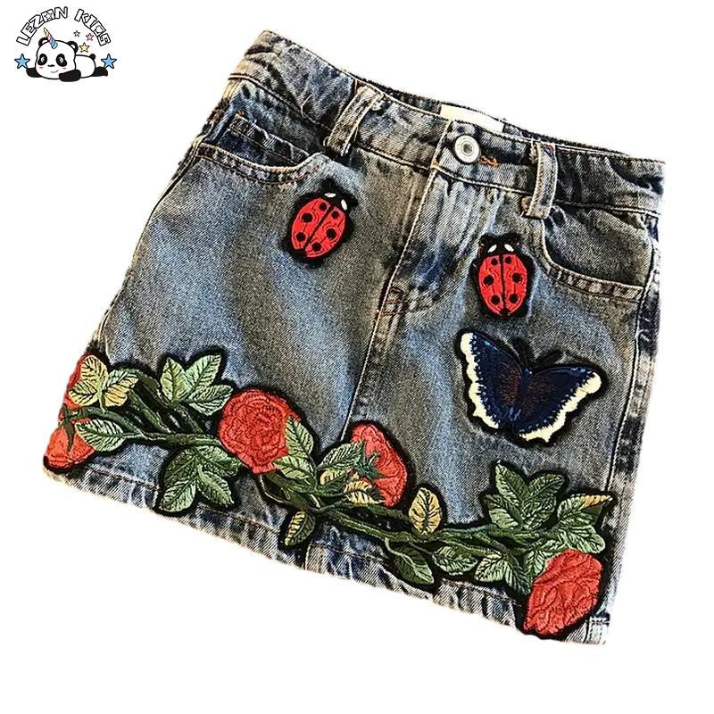 Customizable Mommy and Me Cotton Washed Embroidered Patches Denim Skirt