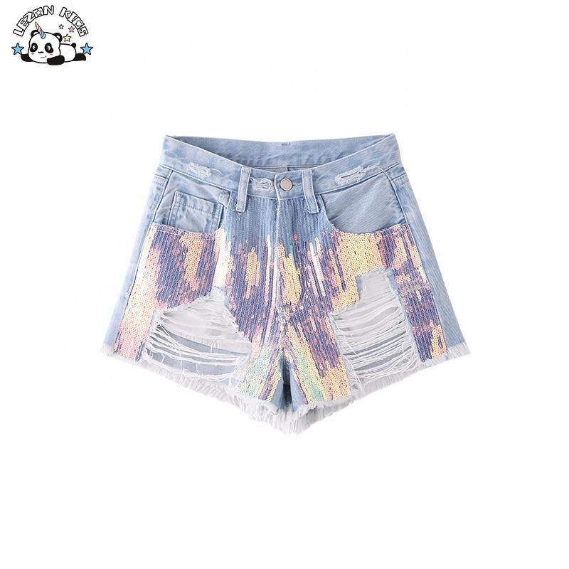 Customizable Children Clothing Girls Mini Hot Shorts Iridescent Sequin Denim Shorts KIds