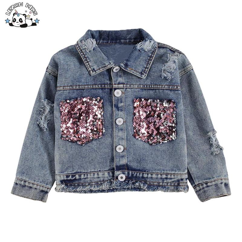 Customized High Quality Girl ‘s Cute Long Sleeve Sequin Denim Jacket for Kids 2-14T