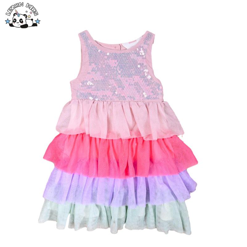 New Arrival Summer Sleeveless Pink Girls Sequin Layered Tulle Tutu Dresses for Girls Kids