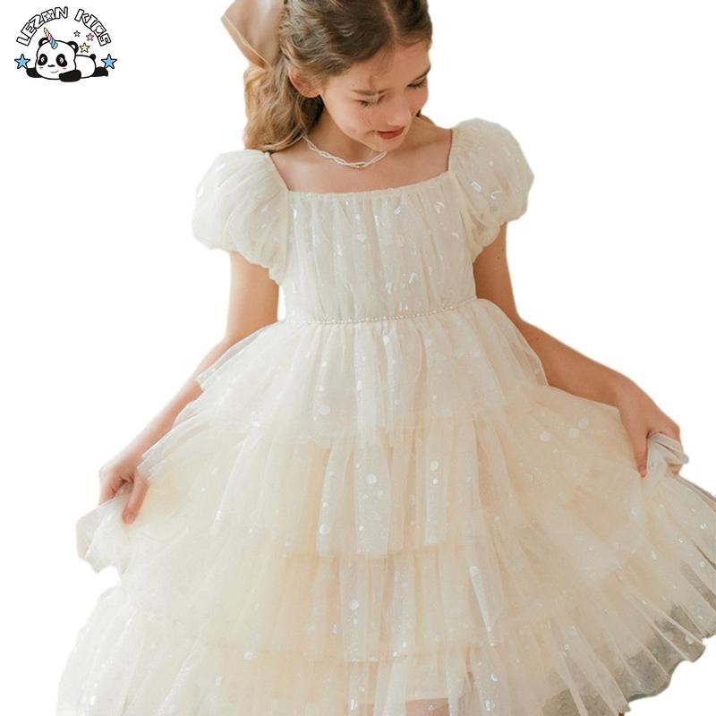 Customizable Puff Sleeves Sequin Girls Dress Children’s Clothing Round Neck Tulle Girls Summer Dress