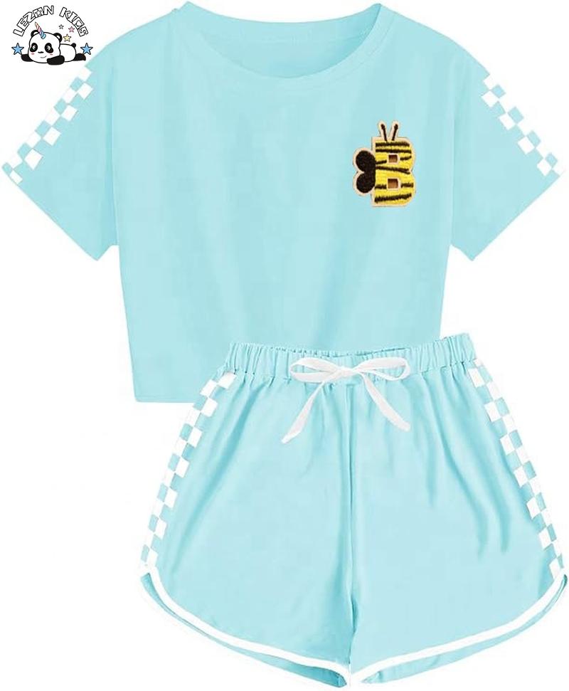 Customize Kids Summer Sport T-Shirt and Shorts Set Plaid Print Tracksuit Sports Girls Clothing Set