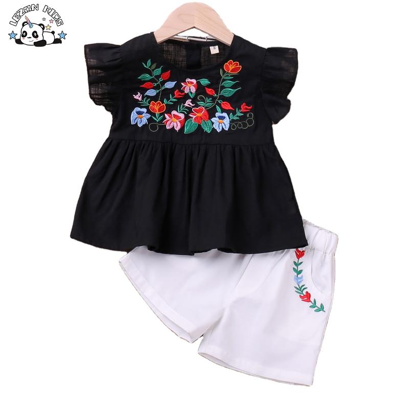 Customized Girls Clothing Toddler Girls Clothing Sets Ruffle Flower Embroidery Short Girls Set