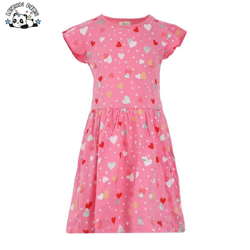 Customizable New Arrival Ruffle Sleeve Sweet Full Printing Heart Valentine's Day Girls Dress for Summer