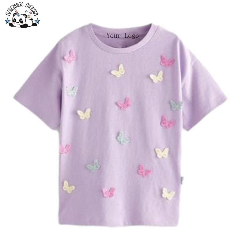 Customizable Lavender 3D Butterfly Patch Cotton Printed Kids Girls T Shirt for Summer